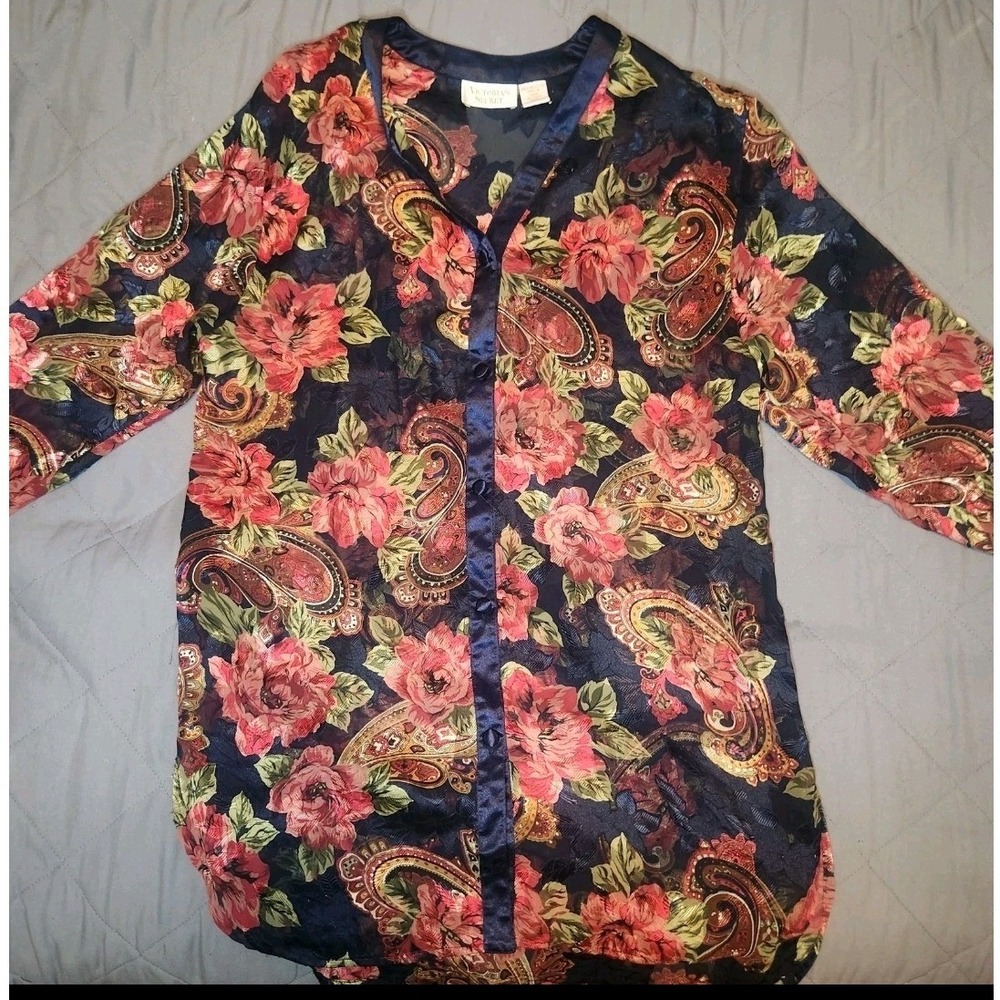 Vintage Victorias Secret Navy Floral Paisley Burnout Sleep Shirt P/S Gold Label